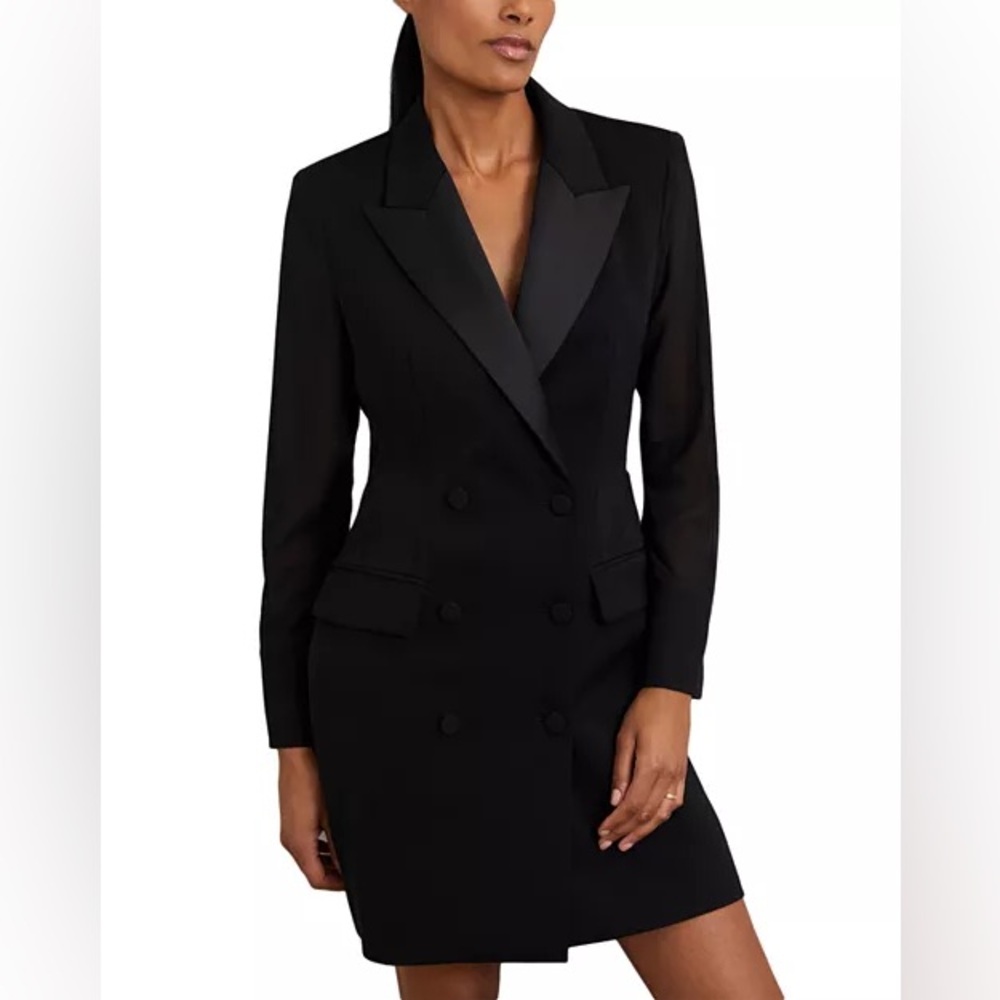 REISS Adina Sheer-Sleeve Tuxedo Mini Dress Black US Size 6 NWI